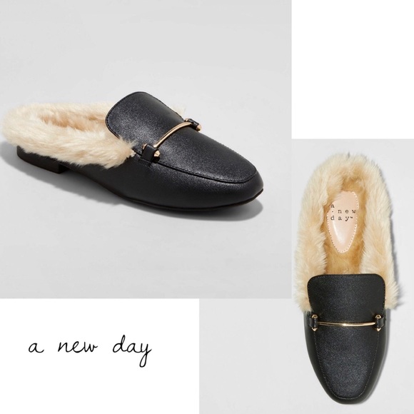 black fur lined mules